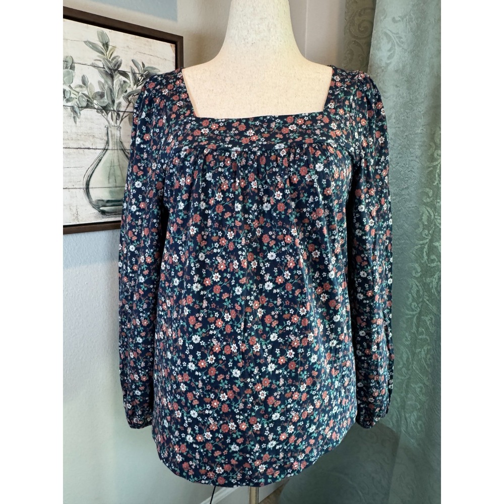 NEW Lucky Brand Square Neck Peasant Top Blue Floral Women's M Modal Cotton Blend